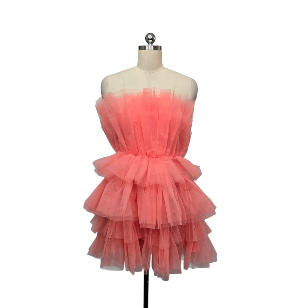 MABLE Strapless Tulle Mini Dress Coral Pink Tiered Ruffle Womens Size Medium